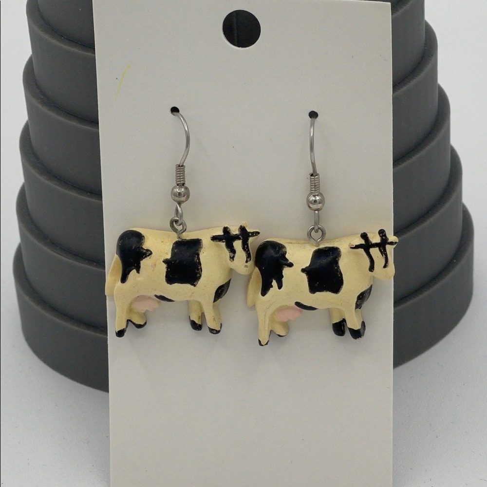 4.15.26-1 Novelty Cow Dangle Eurostyle Earrings - White, Black & Pink Utters